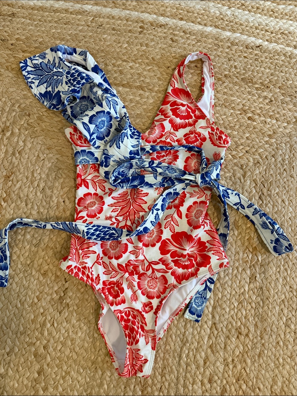 Amazon Red and Blue Floral One-Piece Swimsuit with Blue Tie